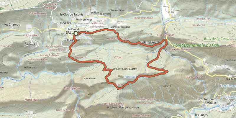Carte du tracé de Sallagriffon - Mont Saint-Martin sur le Plan IGN, départ et points de passage numérotés