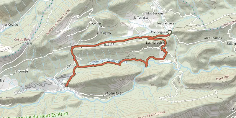 Map of the Collongues - Circuit des Mujouls track on the IGN map, with the start and numbered waypoints