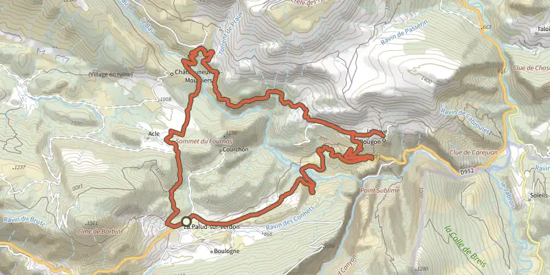 Carte du tracé de La Palud-sur-Verdon - La vallée du Bau sur le Plan IGN, départ et points de passage numérotés