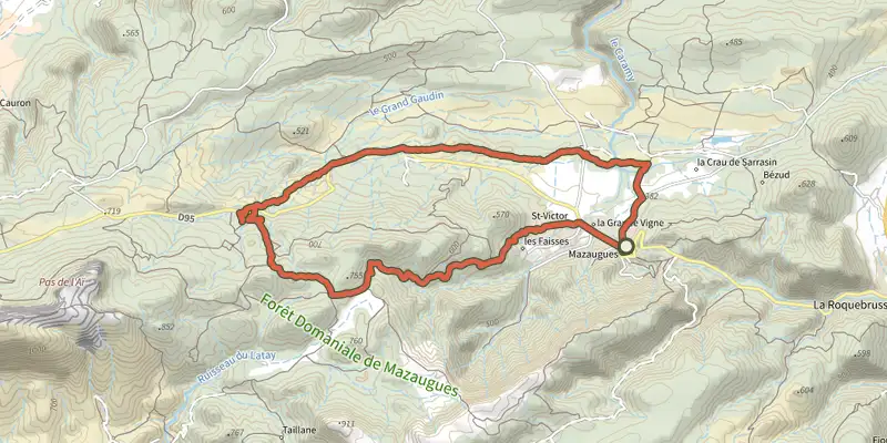 Carte du tracé de Mazaugues - La glacière de Pivaut et le Gaudin sur le Plan IGN, départ et points de passage numérotés
