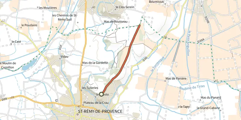 Carte du tracé de À la rencontre des oiseaux de la Petite Crau sur le Plan IGN, départ et points de passage numérotés