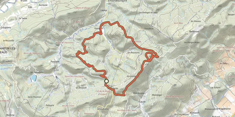 Carte du tracé de Entre crêtes de Bellevue et forêt Domaniale de Pélicier sur le Plan IGN, départ et points de passage numérotés