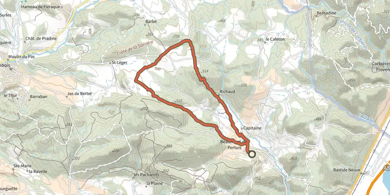 Map of the Entre collines boisées et cultures ancestrales track on the IGN map, with the start and numbered waypoints