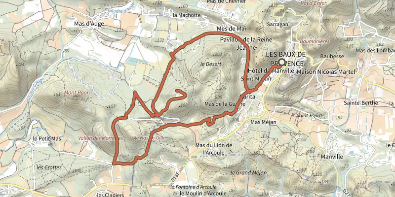 Map of the Les Baux de Provence - Autour de la bauxite track on the IGN map, with the start and numbered waypoints