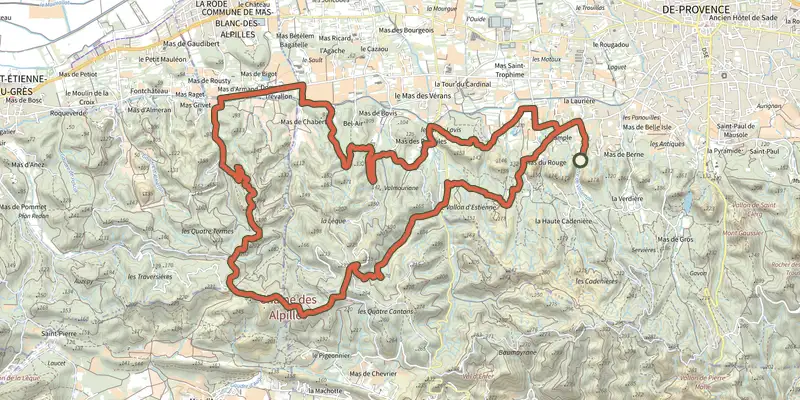 Map of the Saint Remy de Provence - Valampe et les Cascades en VTT track on the IGN map, with the start and numbered waypoints