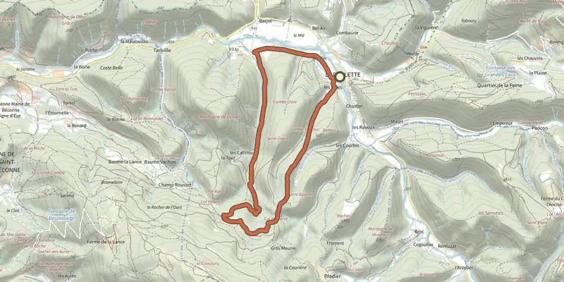 Map of the Montjoux - Cols Imbert et Marot track on the IGN map, with the start and numbered waypoints