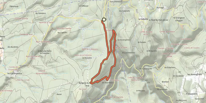 Map of the Villes-sur-Auzon - Histoire insolite d'un 9 avril 1919 track on the IGN map, with the start and numbered waypoints