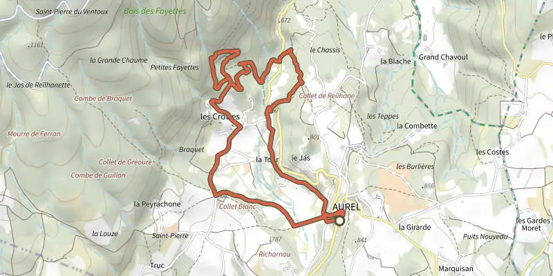 Carte du tracé de Aurel - Les sources du Riou sur le Plan IGN, départ et points de passage numérotés