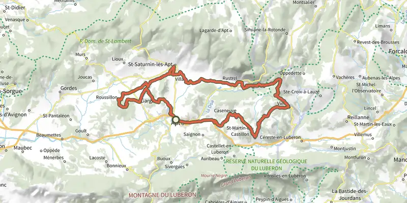 Map of the Apt - Les Ocres à vélo track on the IGN map, with the start and numbered waypoints