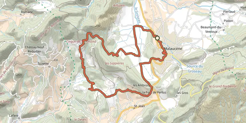 Carte du tracé de Malaucene - Le tour des Abbayes à VTT sur le Plan IGN, départ et points de passage numérotés