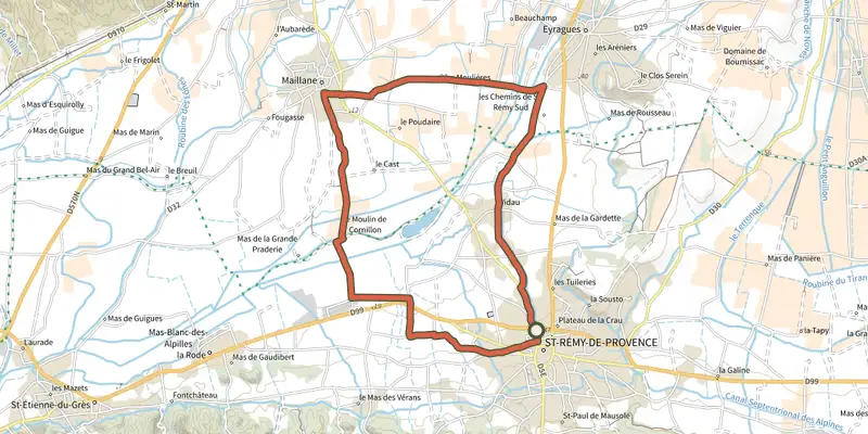 Carte du tracé de Saint-Rémy-de-Provence - Les jardins de Mistral à vélo sur le Plan IGN, départ et points de passage numérotés