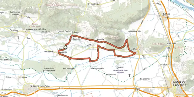 The Mouriès - Du piémont à la Crau verte en gravel track on the IGN map