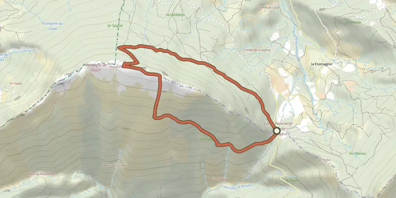 Map of the Pommerol - Les crêtes de Raton track on the IGN map, with the start and numbered waypoints