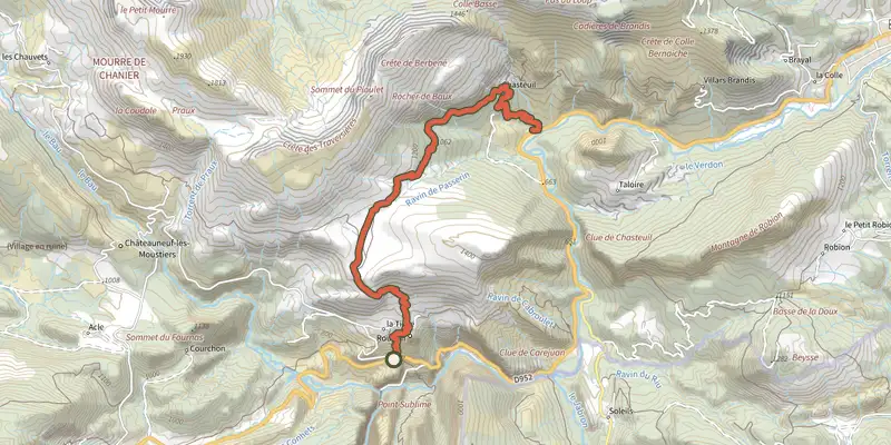 Map of the Rougon - Rougon - Chasteuil + Autocar track on the IGN map, with the start and numbered waypoints