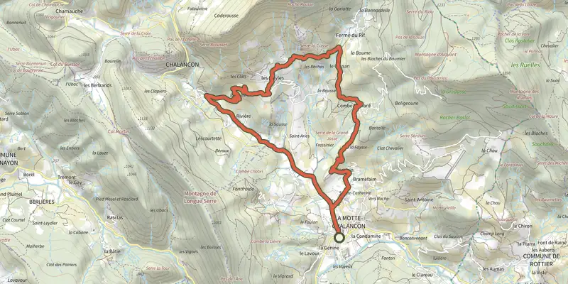 Carte du tracé de La Motte-Chalancon - Du Rif aux Bayles à VTT sur le Plan IGN, départ et points de passage numérotés