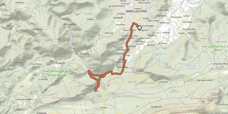 Carte du tracé de Nans-les-Pins - Boucle des Sources de l'Huveaune sur le Plan IGN, départ et points de passage numérotés
