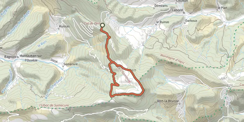 Map of the Montauban-sur-l'Ouveze - Chamouse depuis le Col de Perty track on OpenTopoMap, with the start and numbered waypoints