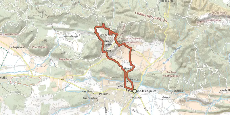 Carte du tracé de Maussane-les-Alpilles - Tour des Baux-de-Provence à vélo sur OpenTopoMap, départ et points de passage numérotés