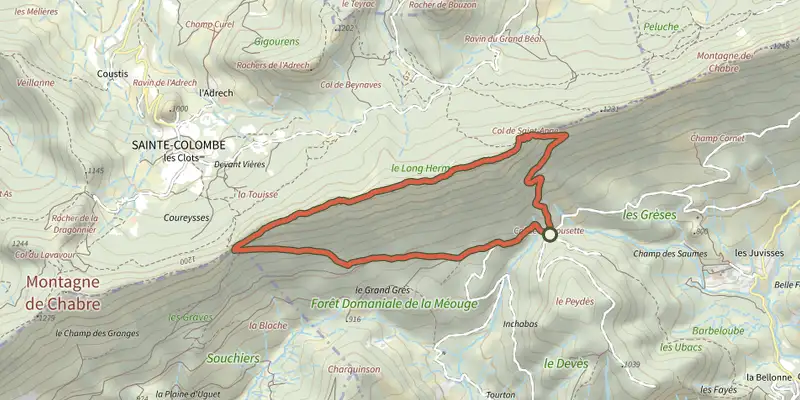 Map of the Crête de Chabre depuis le col de la Crousette track on the IGN map, with the start and numbered waypoints