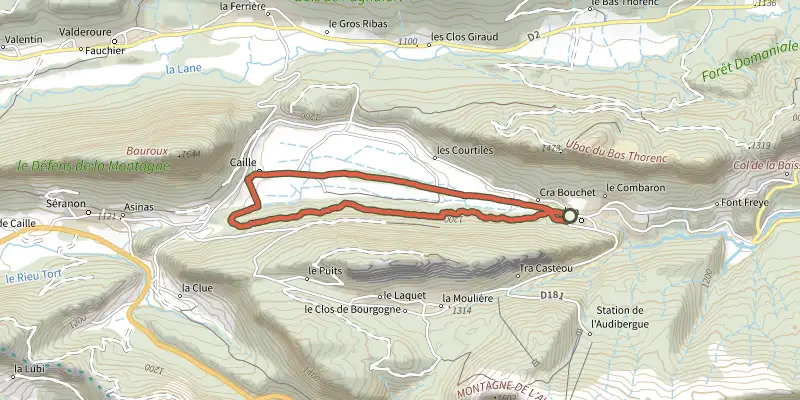 Carte du tracé de Andon - Plaine de Caille sur le Plan IGN, départ et points de passage numérotés