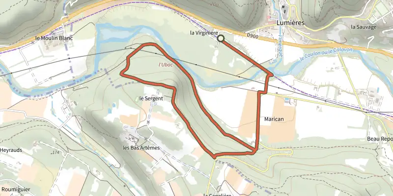 Carte du tracé de Goult - Chemin de la Virginière sur le Plan IGN, départ et points de passage numérotés