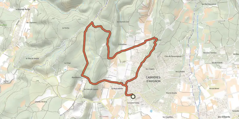 Map of the Cabrières d’Avignon - De la Cédraie au Mur de la Peste track on OpenTopoMap, with the start and numbered waypoints