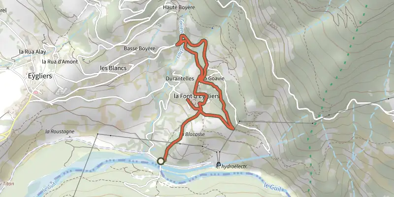 Map of the Eygliers - Les Oasis enchantés track on OpenTopoMap, with the start and numbered waypoints