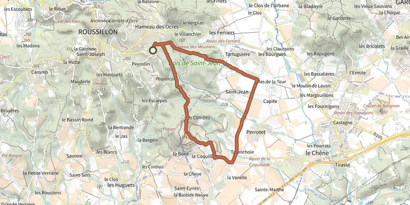Map of the Roussillon - Balade du Bois Saint Jean track on the IGN map, with the start and numbered waypoints