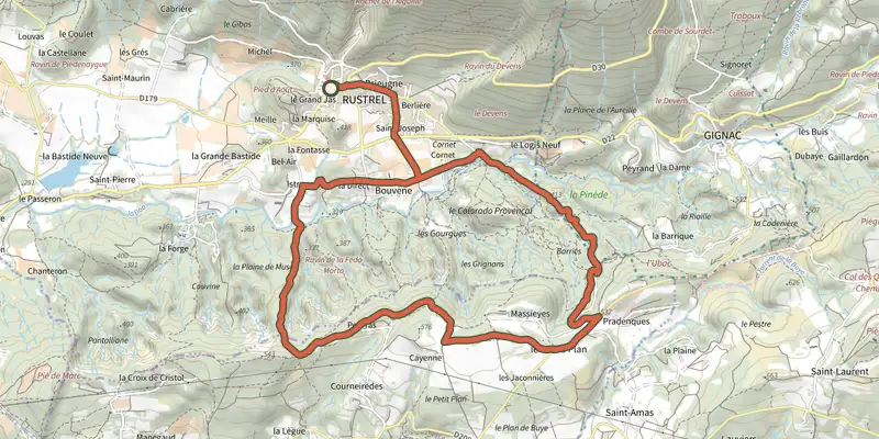 Map of the The Provençal Colorado track on the IGN map, with the start and numbered waypoints