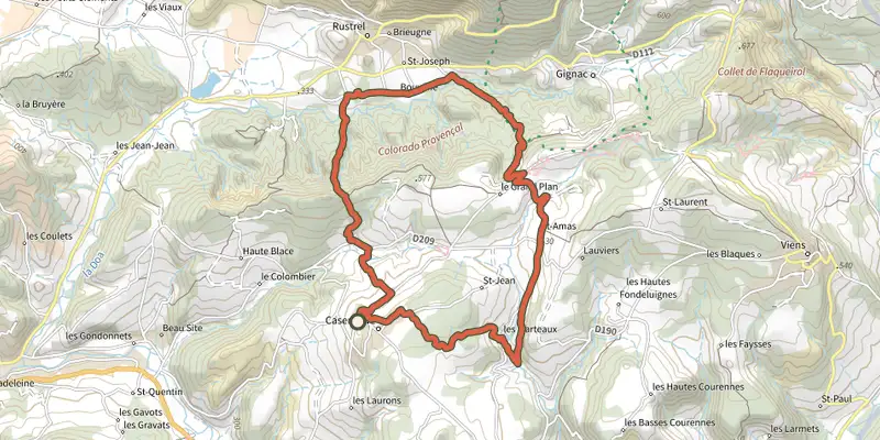Carte du tracé de Caseneuve - Du village perché au Colorado provençal sur OpenTopoMap, départ et points de passage numérotés