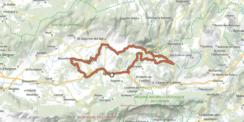 Carte du tracé de Apt - Tour des ocres du Luberon en 4 jours sur le Plan IGN, départ et points de passage numérotés