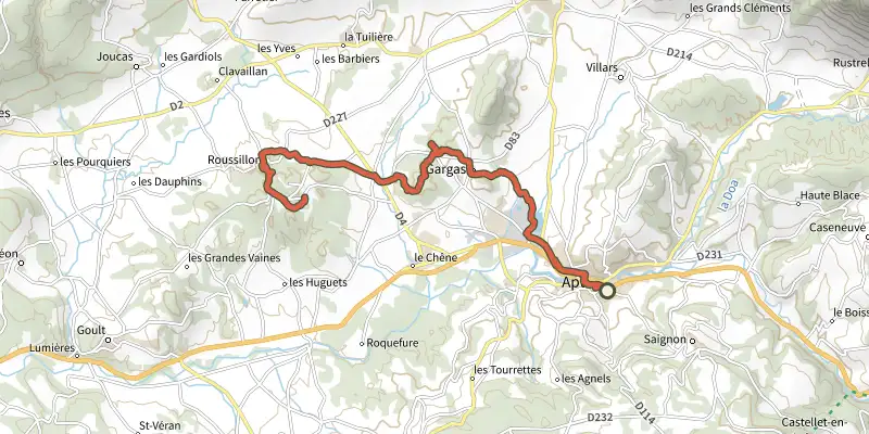 Map of the Apt - ROUSSILLON - Épopée industrielle de l'ocre track on the IGN map, with the start and numbered waypoints