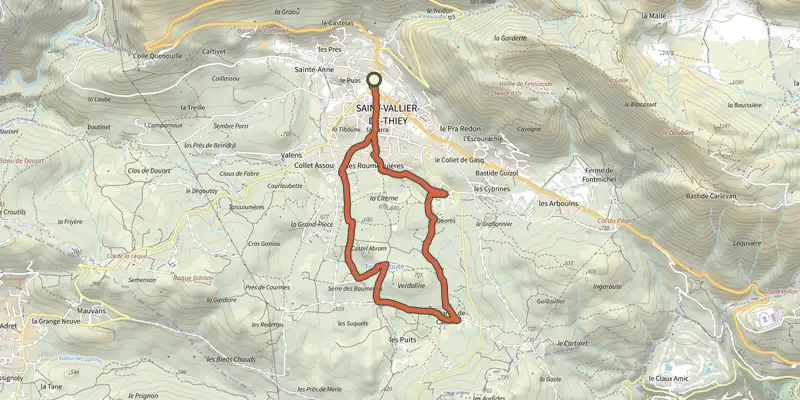 Map of the Saint-Vallier-de-Thiey - Sentier sonore track on the IGN map, with the start and numbered waypoints