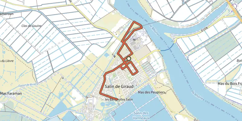 Carte du tracé de Salin-de-Giraud - À vélo, un village insolite en Camargue sur le Plan IGN, départ et points de passage numérotés