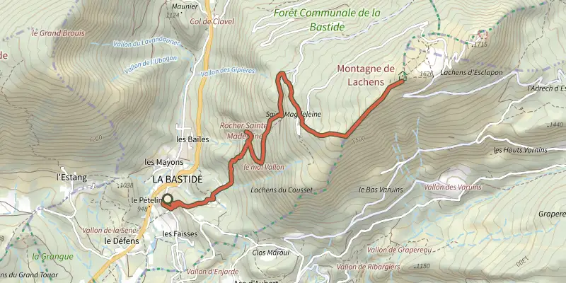 Carte du tracé de La Bastide - Sommet de Lachens sur le Plan IGN, départ et points de passage numérotés