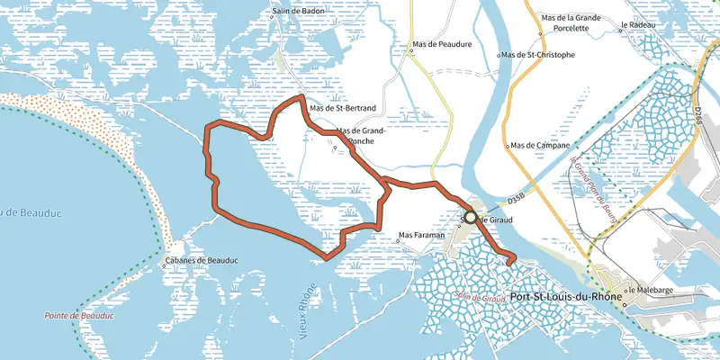 Map of the Pink flamingos and salt while you bike track on the IGN map, with the start and numbered waypoints