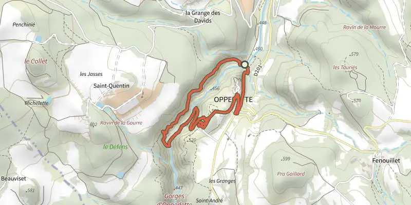 Carte du tracé de Oppedette - La traverse de l'échelle sur OpenTopoMap, départ et points de passage numérotés