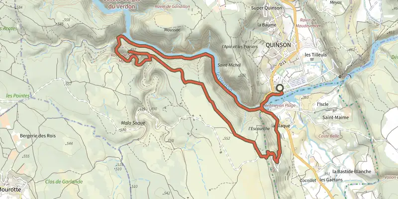 Map of the The Garde-Canal trail track on the IGN map, with the start and numbered waypoints