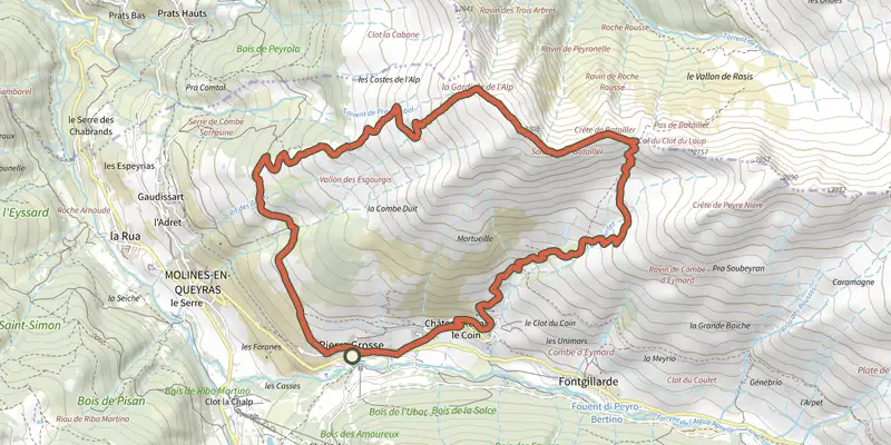 Map of the La Gardiole de l'Alp - Molines track on the IGN map, with the start and numbered waypoints