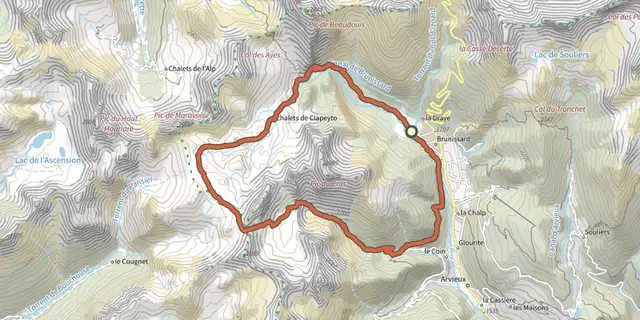 Tracé de ARVIEUX- Tour du Cros et Jalleït par Clapeyto sur le Plan IGN