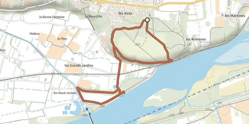 Carte du tracé de Mérindol - Entre garrigue et Durance sur le Plan IGN, départ et points de passage numérotés