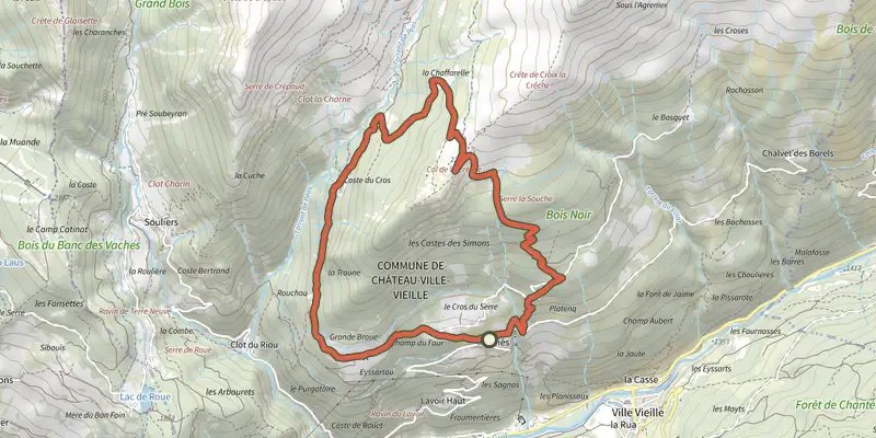 Map of the Col de la Crèche track on the IGN map, with the start and numbered waypoints
