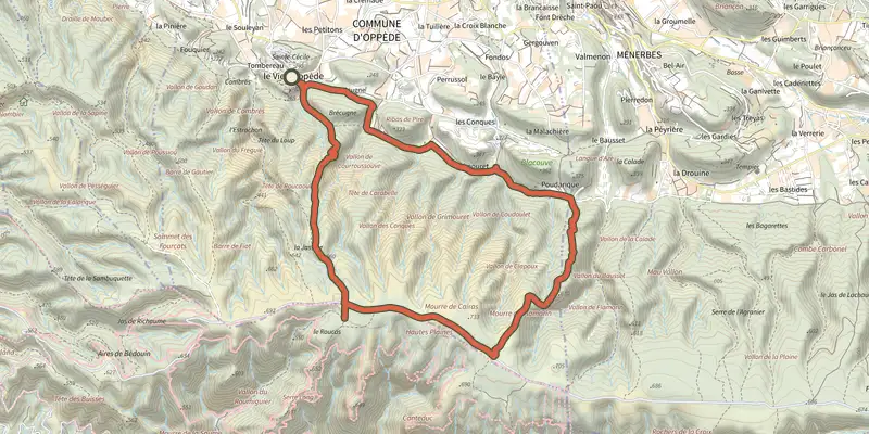 Carte du tracé de Oppède - Le Mourre de Cairas sur le Plan IGN, départ et points de passage numérotés