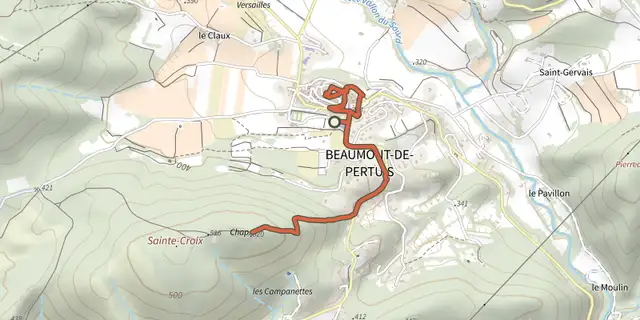 The L'eau des fontaines et Chapelle Sainte-Croix track on the IGN map