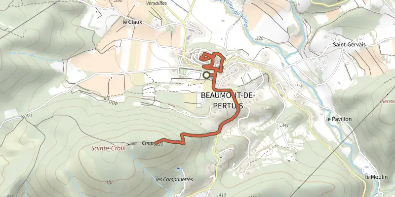Map of the L'eau des fontaines et Chapelle Sainte-Croix track on the IGN map, with the start and numbered waypoints