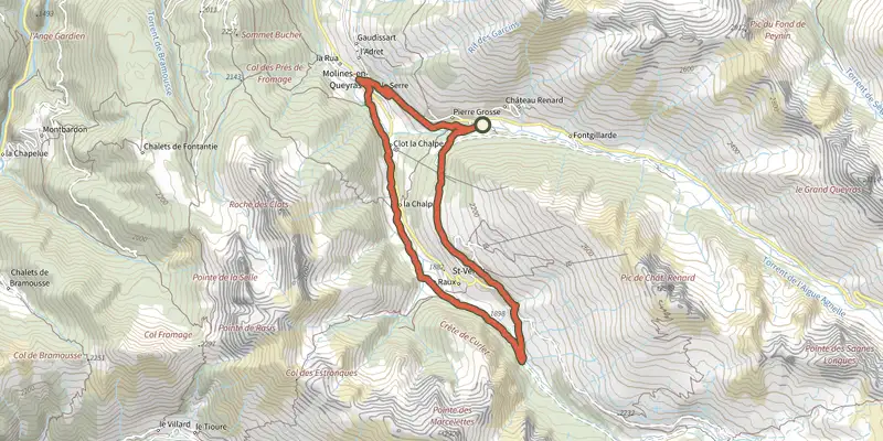 Carte du tracé de Molines - Les Amoureux à VTT sur le Plan IGN, départ et points de passage numérotés