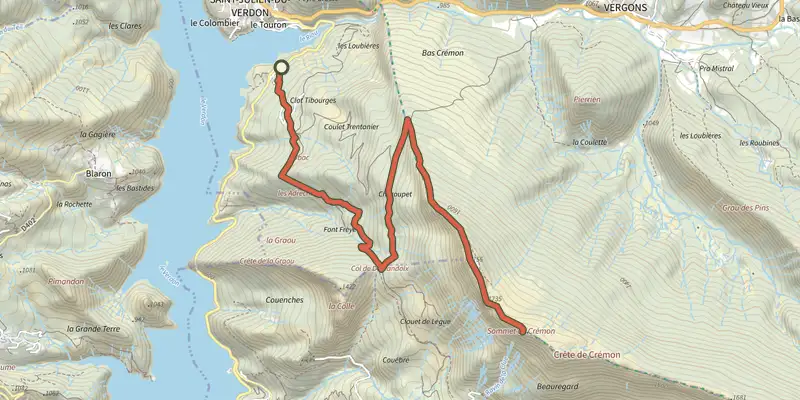 Carte du tracé de Saint-Julien-du-Verdon - Le sommet du Crémon sur le Plan IGN, départ et points de passage numérotés