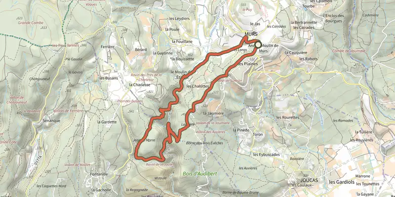 Carte du tracé de Murs - Amonts des gorges de Véroncle sur le Plan IGN, départ et points de passage numérotés