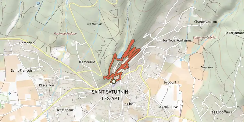 Carte du tracé de Des moulins au château et rues du village sur le Plan IGN, départ et points de passage numérotés