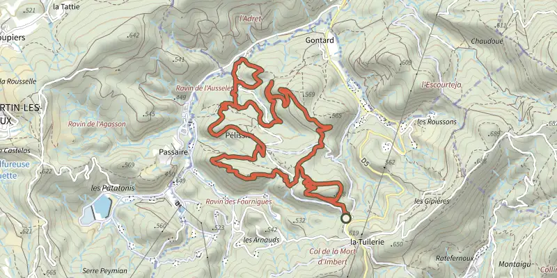 Map of the Manosque - Les chemins de Pélicier track on the IGN map, with the start and numbered waypoints